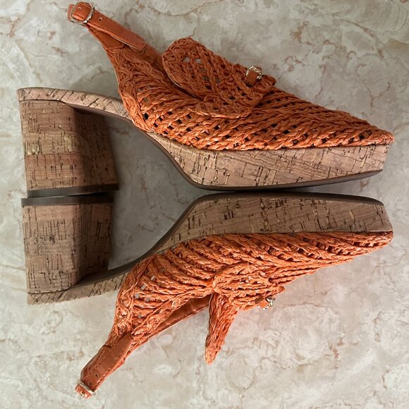 Aerosoles Sz 8 Santiago Raffia Platform Slingback Pump Orange and Cork - Picture 5 of 14